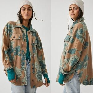 Free People Size XL Plus Printed Ruby Jacket Shacket Tan Teal Fall Floral Grunge
